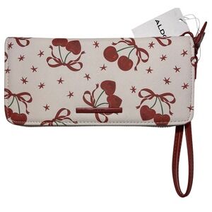 Aldo Cherry Heart Bow Print Zip Around Wristlet Wallet Detachable Strap NEW